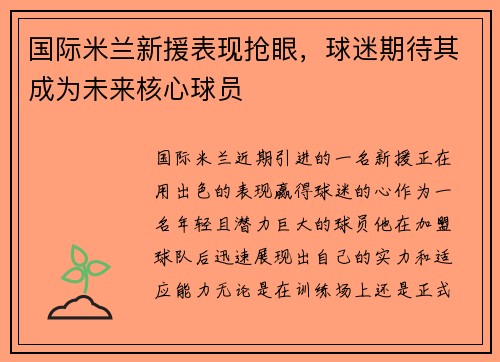 国际米兰新援表现抢眼，球迷期待其成为未来核心球员