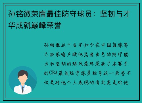 孙铭徽荣膺最佳防守球员：坚韧与才华成就巅峰荣誉