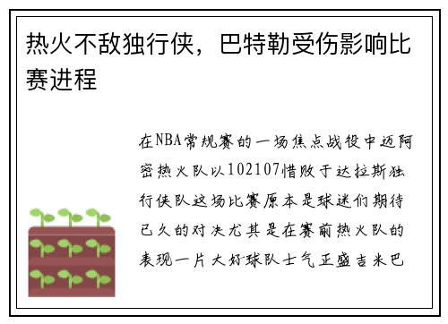 热火不敌独行侠，巴特勒受伤影响比赛进程
